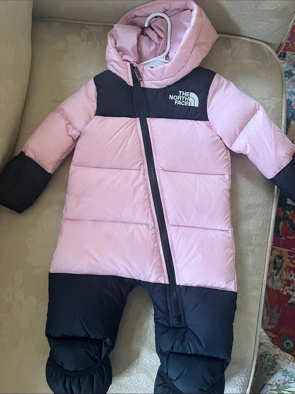 The North Face Pink and Black Infant Puffer One-Piece
